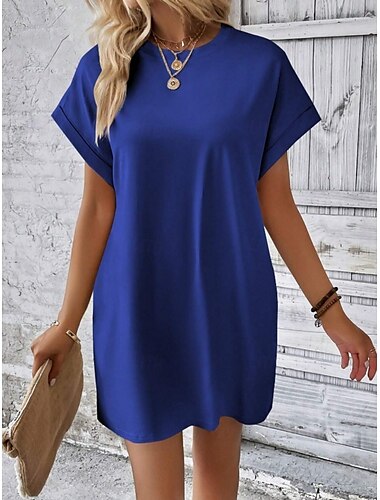  Women's Casual Dress Mini Dress Pocket Casual Crew Neck Short Sleeve White Blue Khaki Color