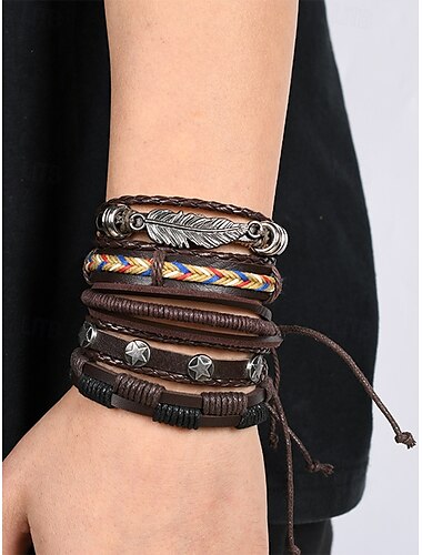  Mehrlagiges Vintage-Lederarmband-Set für Herren mit Feder- und Sternanhängern, verstellbare Armbänder für die Freizeit, Accessoires im Boho-Stil für Partys und Geschenke