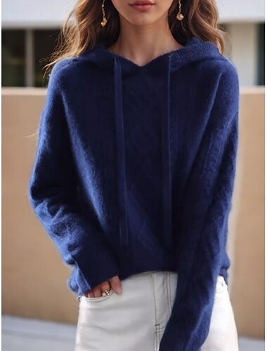  Per donna Felpa Informale Morbido Colore puro A coste Con cappuccio Lavorato a maglia Manica lunga Top regolari Maglia Esterno Giornaliero Fine settimana Bianco Blu marino Autunno Inverno