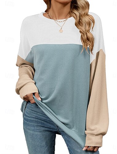  Damen Hemd Bluse Farbblock Basic Brautkleider schlicht Langarm Rundhalsausschnitt Normale Oberteile Täglich Patchwork Rosa Rote Blau Frühling Herbst
