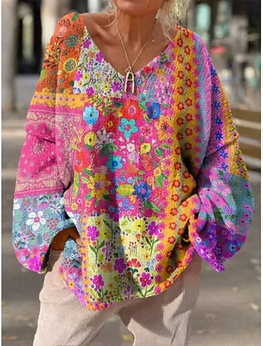  Mujer Pulóveres Casual Suave Floral Graphic Estriado Escote en Pico De Punto Estampado Manga Larga Tops regulares Tejer Exterior Diario Fin de semana Rosa Azul Piscina Otoño Invierno