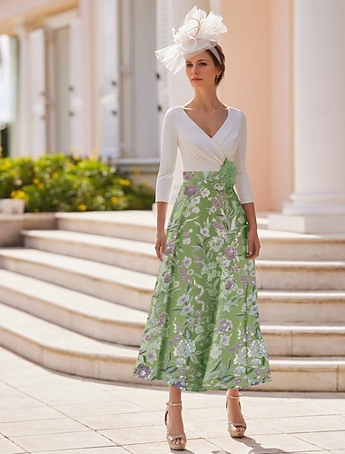  A-Linie Kleid Strandhochzeit Brautmutter Kleid Elegant Vintage V-Ausschnitt Knöchellänge Stretch Stoff Halbe Ärmel mit Spitzenstickerei Derby Kleid Derby Kleider Renntag Kleid 2025
