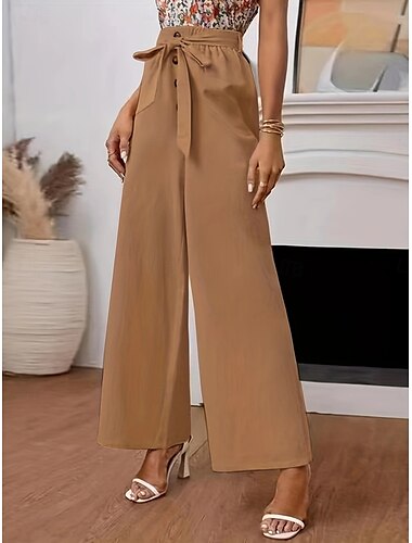  Damen Weites Bein Hose aus Baumwollleinen Chinos Klassicher Stil Volle Länge Hohe Taille Einfach Elastischer Bund Bequem Weich Mikroelastisch Outdoor Straße Schwarz Khaki Sommer Herbst Normale