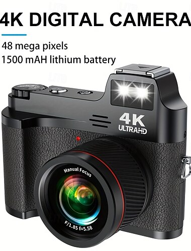  Appareil photo numérique 4K HD rétro avec poignée antidérapante, batterie au lithium 1500 mAh, minuterie de prise de vue, matériau ABS portable pour débutants et familles &alarme audio de voyage