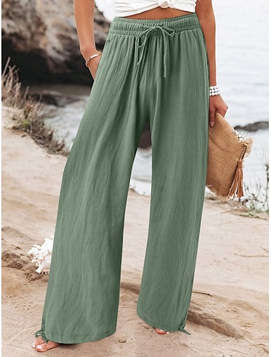  Dames Breed Been Chinese Modieus Streetwear Volledige lengte Hoge taille Effen Zak Elastische tailleband Comfortabel Zacht Micro-elastisch Buiten Straat Zwart Groen Abrikoos Zomer Lente Normale