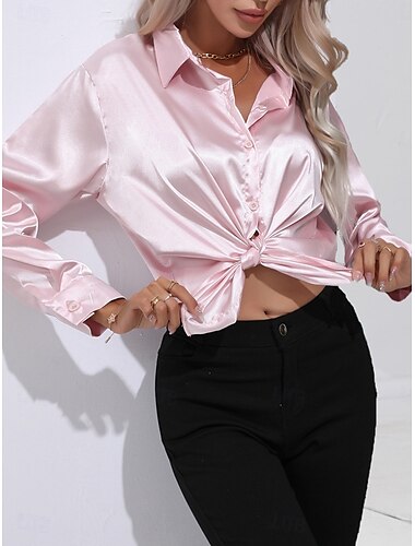  Damen Hemd Bluse Feste Farbe Geschäftlich Modern Brautkleider schlicht Langarm Hemdkragen Normale Oberteile Arbeit Abendgarderobe Knopf Rosa Grün Beige Sommer Frühling
