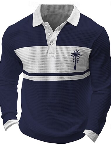  Kentucky Derby Herren Blatt Waffel-Poloshirts Golfshirt Langarm Polo-Shirts Hemden mit Kragen Hawaiianisch Lässig Hawaiianisch Knöpfe 3D-Druck Frühling Herbst Winter Dunkelblau Hellblau Grau