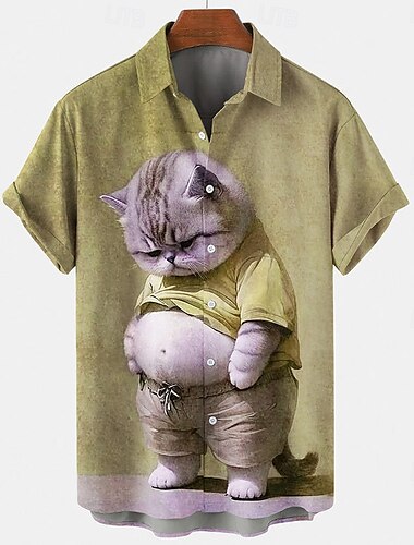  Herren Die Katze Lässiges Hemd Knopfhemd Kurzarm Hässlich Brautkleider schlicht Casual Sommer Frühling Umlegekragen Knopf hoch Gelb Rote Grün