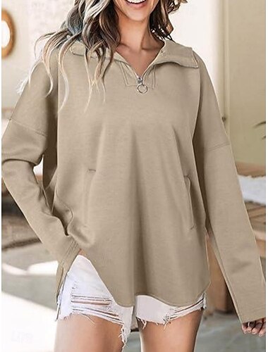  Damen Pullover Glatt Brautkleider schlicht Langarm Quadratischer Ausschnitt Normale Oberteile Strasse Casual Patchwork Zip Blau Khaki Armeegrün Frühling Herbst Winter