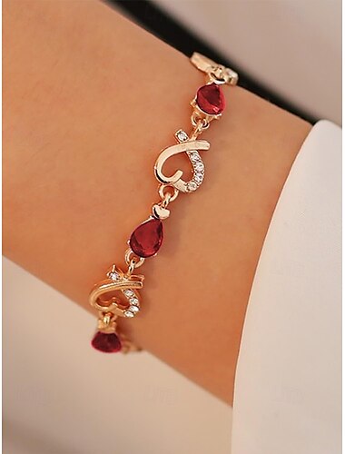  Pulsera de oro para mujer con cristales rojos en forma de lágrima y detalles en forma de corazón, elegante diseño romántico para regalo de San Valentín, bodas y ocasiones especiales.
