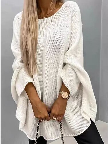  Damen Pullover Brautkleider schlicht Weich Einfarbig Grobstricken Rundhalsausschnitt Strick Langarm Normale Oberteile Stricken Outdoor Täglich Wochenende Weiß Rosa Herbst Winter