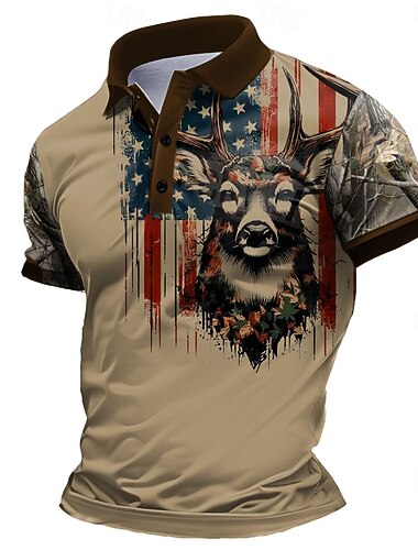  Herre Rådyr Polo Kortermet Poloskjorter Skjorter med krage Fritid Skole utendørs Dagligdagstøy Hjemmeklær 3D-utskrift Sommer Vår Høst Brun Grå