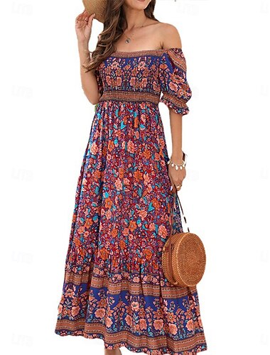  Damen Maxidress Casual kleid Boho Chic Kleider Boho-Kleid Böhmen Kuschelig Stilvoll Urlaub Täglich Strand Lockere Passform Graphic Kurzarm Schulterfrei Rote Blau Grün Sommer Frühling Herbst