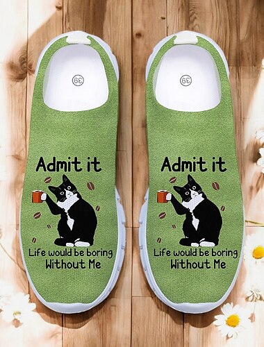  Grüne Slip-On-Sneaker für Damen mit lustigem Katzen-Aufdruck, perfekt für den Alltag