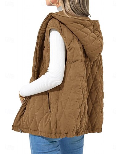  Damen Puffer Weste Steppweste Windundurchlässig warm halten Patchwork Einfach Feste Farbe Täglich Standard Mit Kapuze Regular Fit Ärmellos Oberbekleidung Schwarz Weiß Kamel Herbst Winter