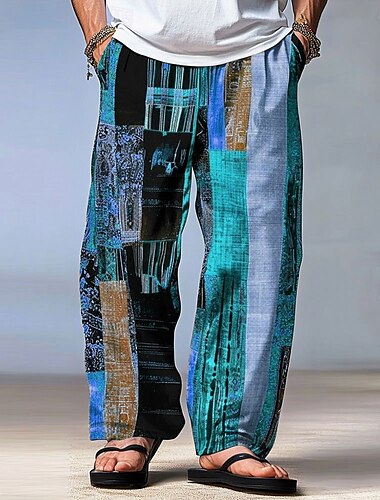  Herren Farbblock Patchwork Hosen Hose Mittlere Taillenlinie Elastischer Kordelzug in der Taille Hawaiianisch Brautkleider schlicht Outdoor Party-Abendgarderobe Festtage Hose mit geradem Bein Sommer