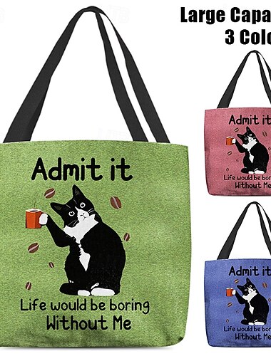  Sac fourre-tout de grande capacité avec motif imprimé chat, tissu écologique et durable, disponible en 3 couleurs – parfait pour le shopping, les voyages et l'utilisation quotidienne