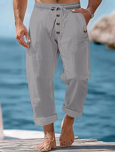  Herren Leinenhose Hose Hosen Sommerhosen Strandhose Knopf Kordelzug Elastische Taille Glatt Komfort Atmungsaktiv In voller Länge Casual Täglich Festtage Urlaub Modisch Schwarz Weiß