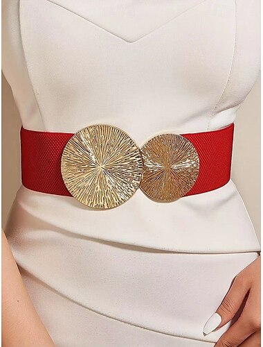  elastiskt midjebälte för kvinnor med guldcirkelspänne - moderiktigt brett stretchbälte för klänningar, vardagliga och formella tillfällen