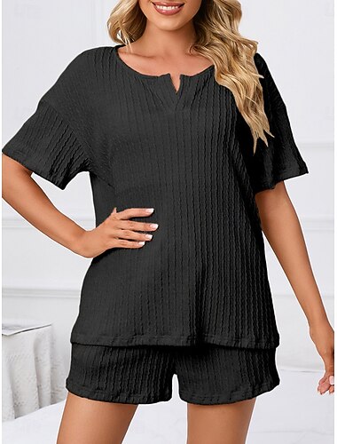  Dames Pyjama Loungewear 2-delig Casual Heldere kleur Lapwerk T-shirt Korte broek Huis Korte mouw V-hals Zwart Blozend Roze Beige Zomer Getailleerd