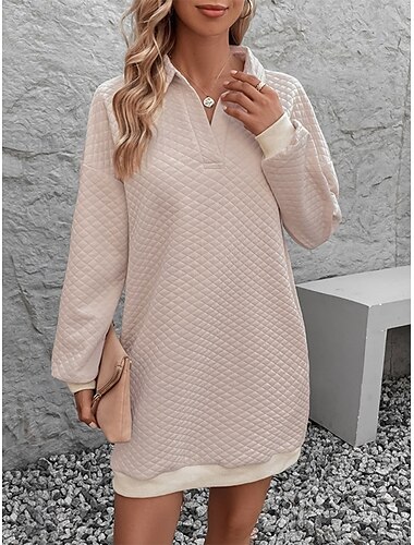  Mujer Vestido de Suéter Mini vestido Retazos Casual Cuello Camisero Manga Larga Albaricoque Color