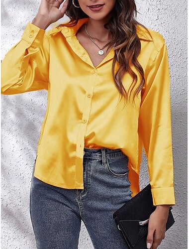  Damen Hemd Bluse Feste Farbe Geschäftlich Modern Brautkleider schlicht Langarm Hemdkragen Normale Oberteile Arbeit Abendgarderobe Knopf Gelb Rosa Wein Blau Grün Sommer Frühling