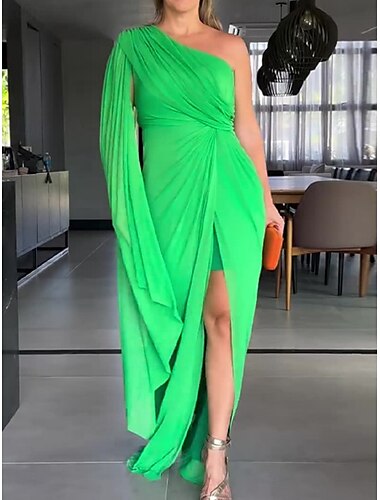  Damen Casual kleid Minikleid Rüschen Brautkleider schlicht Ein-Schulter Langarm Schwarz Rote Grün Farbe