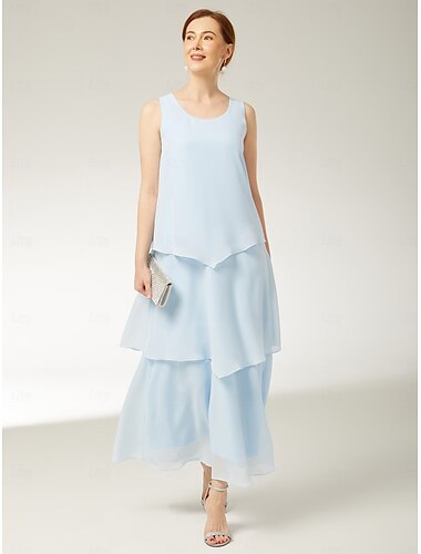  Etuikleid/Säulenkleid für die Mutter der Braut, Strandhochzeit, elegant, schlicht, Rundhalsausschnitt, knöchellang, Chiffon, ärmellos, mit Stufen, einfarbig, 2025
