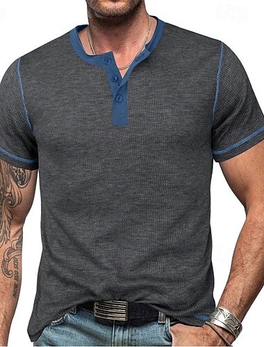  Homens Camiseta Botão Camiseta Camisa Waffle Henley Camisa Henley Manga Curta Henley Primavera Verão Bloco de cor Moda Designer Básico Patchwork Férias Rua Para Noite Vinho Azul Verde Tropa Top Tee