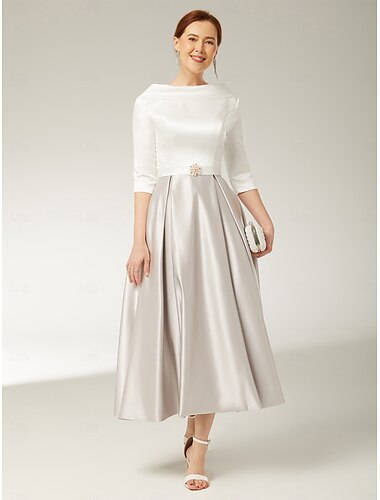  A-Linien-Kleid für die Mutter der Braut, elegantes Vintage-Kleid mit Rundhalsausschnitt, bodenlange Charmeuse, halbe Ärmel, mit Falten und Kristallen, 2025