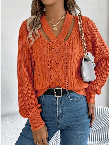  Women's Sweater Casual Soft Pure Color Cable V Neck Hollow Out Knitted Long Sleeve Regular Tops Knit Outdoor Daily Weekend White Orange Fall Winter