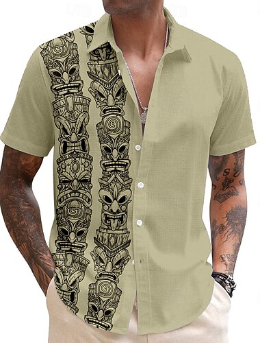  Herren Maske Bandana-Druck Lässiges Hemd Knopfhemd Aloha-Shirt Kurzarm Stamm Festtage Sommer Frühling Umlegekragen Knopf hoch Blau Grün Beige