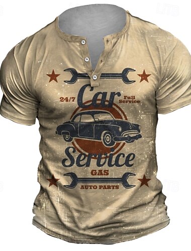  בגדי ריקוד גברים גראפי Car Service חולצה קצרה חולצת הנלי שרוולים קצרים רטרו\וינטאג' רחוב קזו'אל יומי קיץ אביב כחול בהיר חאקי אפור הנלי חולצת טריקו של הנלי