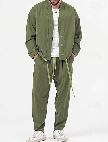  Herren 2 Stück Hemden-Set Passende Sets Lässiges Hemd Grün Hellgrau Grau Langarm Glatt Täglich Ausgehen Bekleidung Modisch Brautkleider schlicht