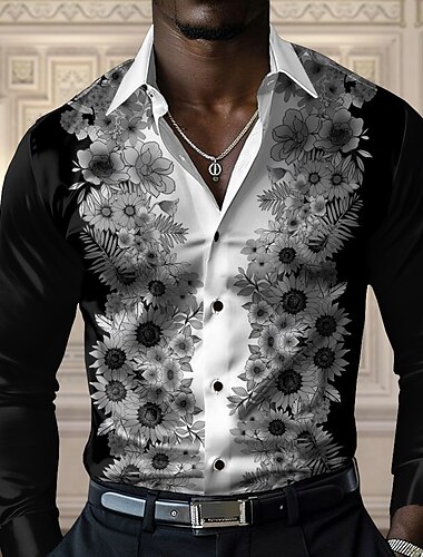  Herren Blumen Lässiges Hemd Knopfhemd Langarm Brautkleider schlicht Party Geschenk Casual Frühling Herbst Umlegekragen Knopf hoch Gelb Blau Purpur Grau