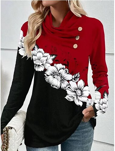  felpa da donna casual floreale strada abbigliamento quotidiano girocollo bottoni stampa manica lunga rosso autunno inverno