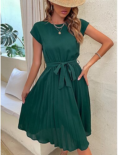  Damen Midikleid Casual kleid A Linie Kleid Stilvoll Basic Brautkleider schlicht Urlaub Täglich Regular Fit Glatt Ärmellos Rundhalsausschnitt Rosa Grün Sommer Frühling