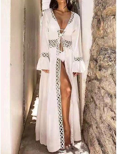  Vestidos de playa para mujer cubiertas de baño trajes de baño con parches de encaje ropa de playa de vacaciones color sólido manga larga