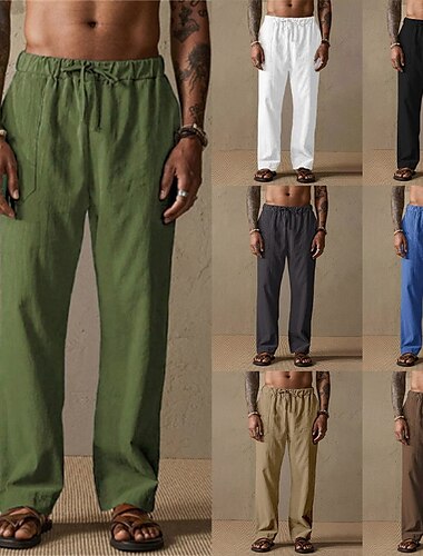  Herren Leinenhose Hose Hosen Sommerhosen Gazehose Kordelzug Elastische Taille Gerade geschnitten Glatt Komfort Atmungsaktiv In voller Länge Outdoor Casual Täglich Modisch Klassicher Stil Schwarz Weiß