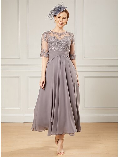  a-lijn moeder van de bruid jurk elegante juwelen hals asymmetrisch enkel lengte vloer lengte chiffon kant halve mouw met kralen applicaties 2025