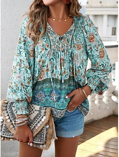  Damen Hemd Bluse Blumen Böhmen Brautkleider schlicht Langarm V Ausschnitt Normale Oberteile Täglich Bedruckt Gelb Rosa Marineblau Blau Orange Sommer Frühling Herbst