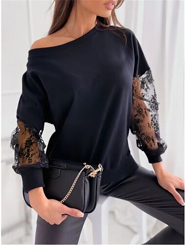  Jersey de mujer, moda informal, liso, para uso diario, informal, deportivo, cuello redondo, diseño de retazos, corte holgado, manga larga, negro, blanco, primavera, otoño e invierno