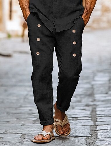  Homme Pantalons en Lin Pantalons Pantalon d'été Boutons Poche Avant Plis Uni Confort Respirant Longueur complète Occasionnel Quotidien Vêtements de rue Style Ethnique Rétro Vintage Coupe Ample Noir
