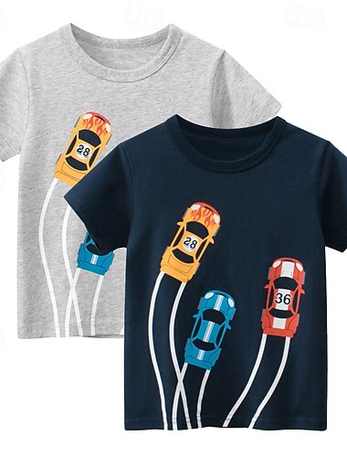  Multipack 2st Pojkar Rund hals Kort ärm Grå+marinblå T-shirt T-tröja Mönster Grafisk Semester Dagliga kläder 100 % bomull Vår & sommar