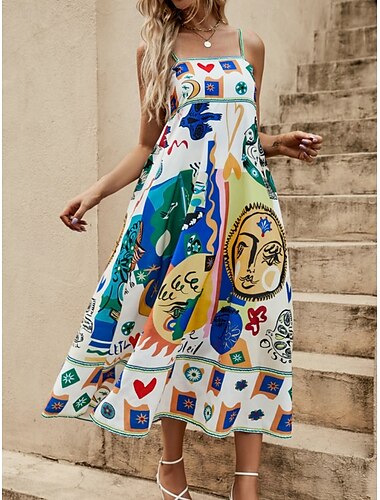  Damen Midikleid Casual kleid Schaukelkleid A Linie Kleid Boho-Kleid Brautkleider schlicht Täglich Regular Fit Graphic Ärmellos Gurt Gelb Sommer Frühling Herbst