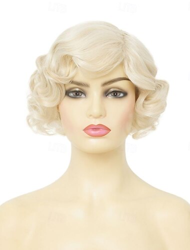  شعر مستعار قصير أشقر بأسلوب الموجات لنساء من فترة العشرينيات شعر صناعي مجعد شعور مقاومة للحرارة شعر مستعار للهالوين