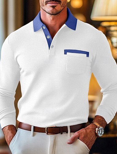  Herren Poloshirts zum Suchbegriff: "Waffel" Poloshirts Formal Geschäft Kargen Klassisch Langarm Modisch Basic Feste Farbe Patchwork Knopf Frühling & Herbst Regular Fit Dunkelgrau Schwarz Wei