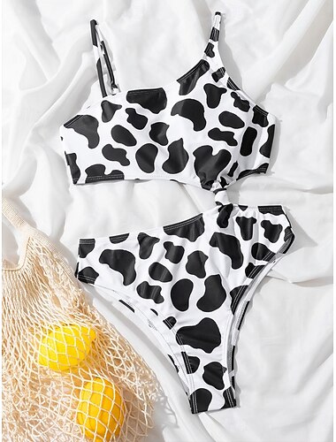  Damen Badeanzug 2 Stück Cheeky-Bikinihose Bademode Rückenfrei Patchwork Vintage Modisch Farbblock Asymmetrischer Hals Ärmellos Badeanzüge
