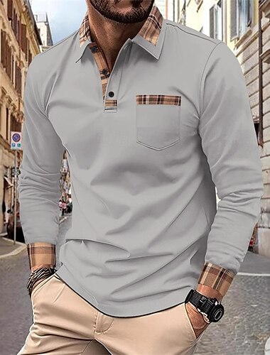  Men's Golf Shirt Golf Polos Shirts Work Casual Lapel Long Sleeve Basic Modern Plaid Color Block Patchwork Buttons Spring &  Fall Regular Fit Wine Black White Navy Blue Gray Golf Shirt