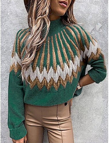  Pentru femei Pulover Casual Moale Bloc Culoare Striat Stil Nautic Tricotat Manșon Lung Topuri obișnuite Tricotat În aer liber Zilnic Sfârșit de săptămână Roșu-aprins Trifoi Toamnă Iarnă